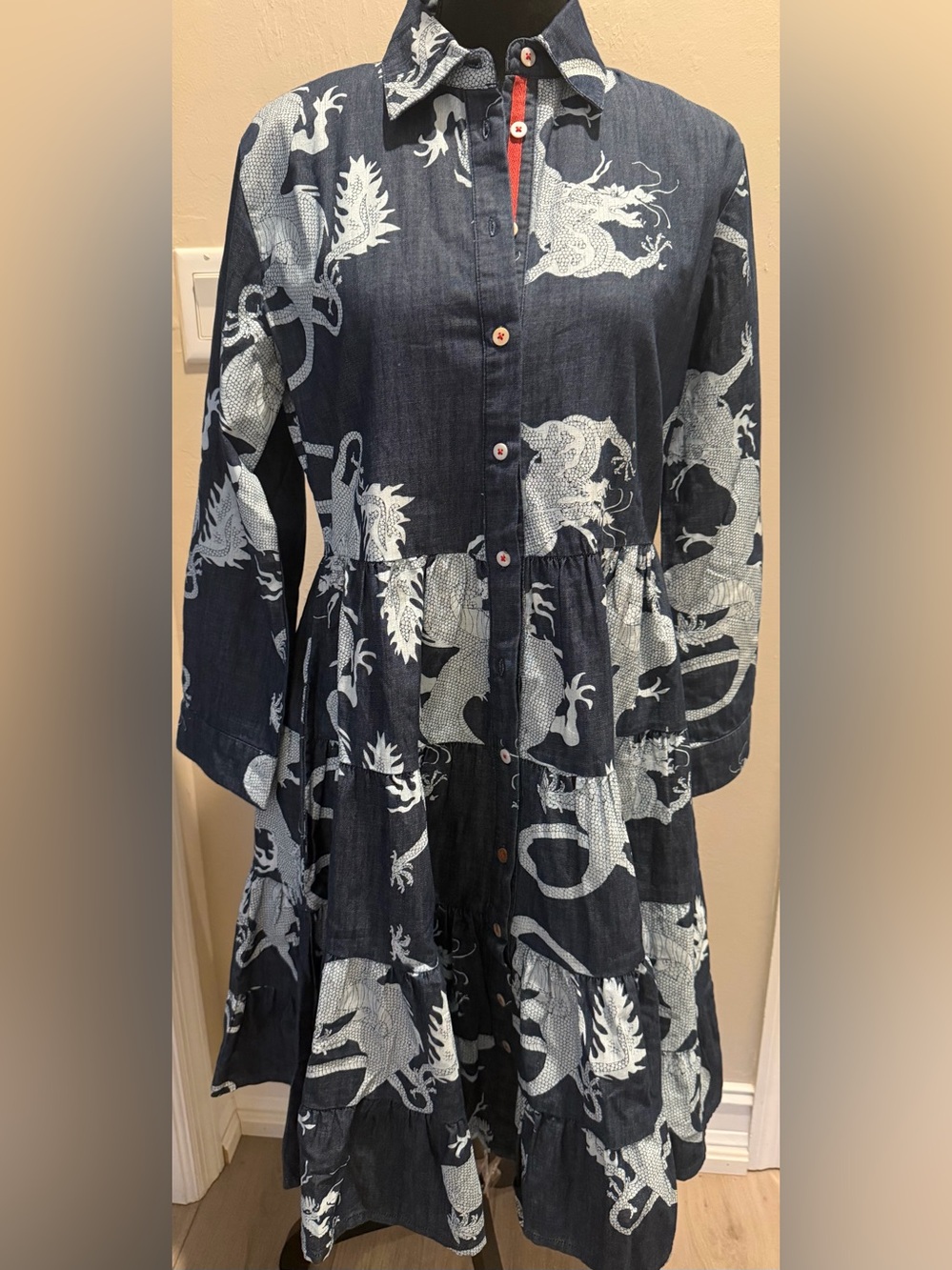 Dizzy Lizzie NWT Navy Dragon Print Tiered Button-Front Dress Stunning Sz M